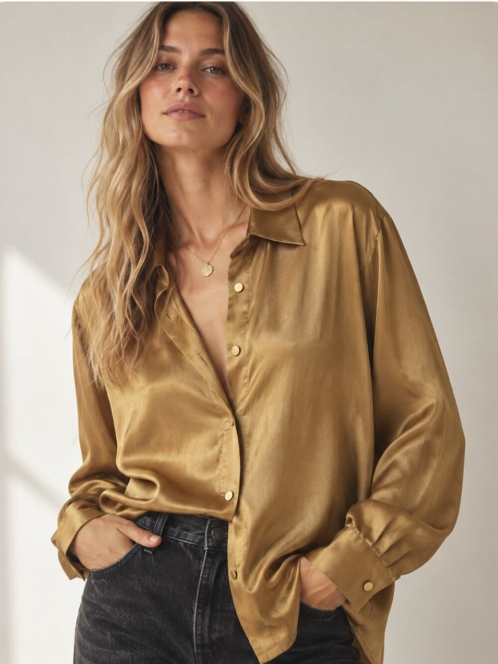 vintage city silk 100% silk gold bronze button down blouse size l